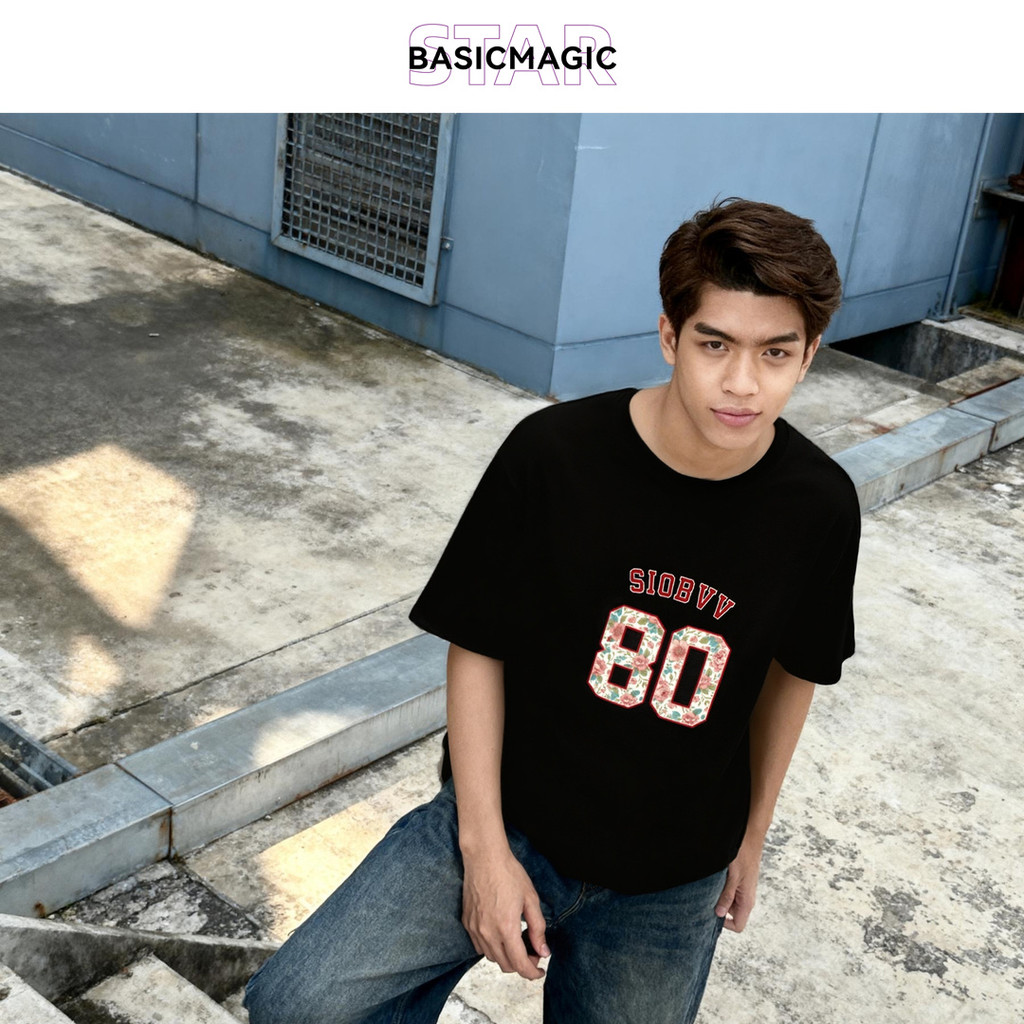 Kaos Longgar Hitam Cetak Bunga Angka 80 0572