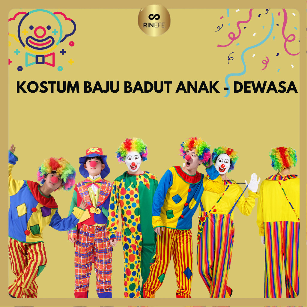RINEFE (K04) Perlengkapan Badut Kostum Baju Set Hidung Sepatu dan Rambut Badut Acara Cosplay Ulang T