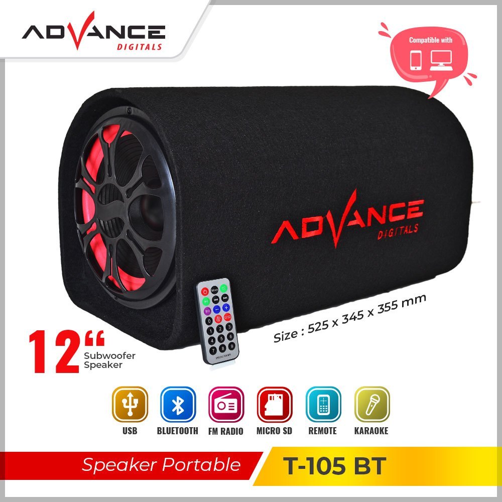 Advance T-105BT speaker 12 Inch Subwoofer Jumbo Support Mobil Speaker Aktif Bluetooth