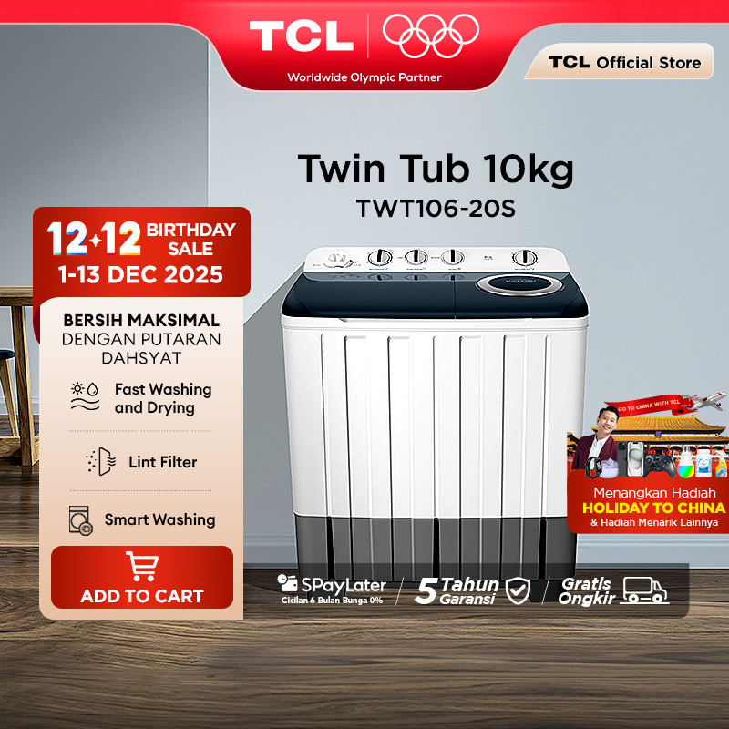 TCL Mesin Cuci 2 Tabung - Twintub 10KG - Lint Filter - Anti Karat - Anti Tikus (Model: TWT106-20S)