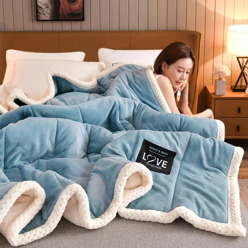 Coral Fleece Warm Blanket Winter Thickened Comforter Flannel Quilted Blankets for Beds Warm Quilts P