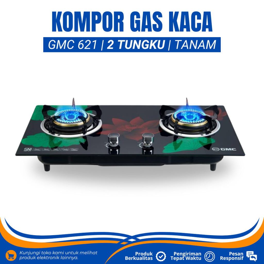 KOMPOR GAS 2 TUNGKU KACA GMC 621 KOMPOR GAS PANEL KACA TEMPERED GLASS KOMPOR GAS TANAM 2 TUNGKU