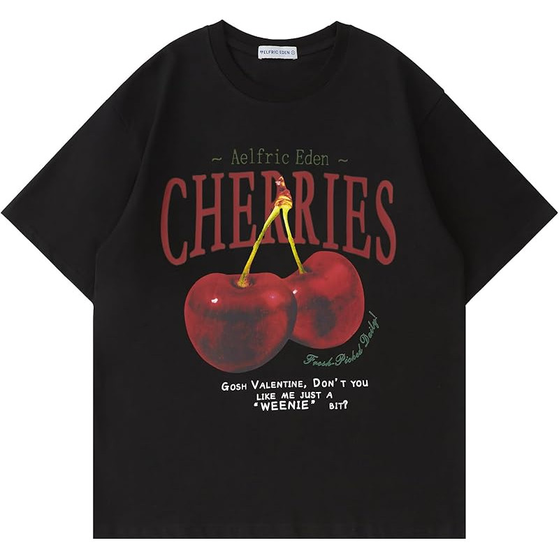 *COD*  Aelfric Eden Kaos Grafis Oversized Unisex Cetakan Ceri Kaos Santai Musim Panas Lengan Pendek 