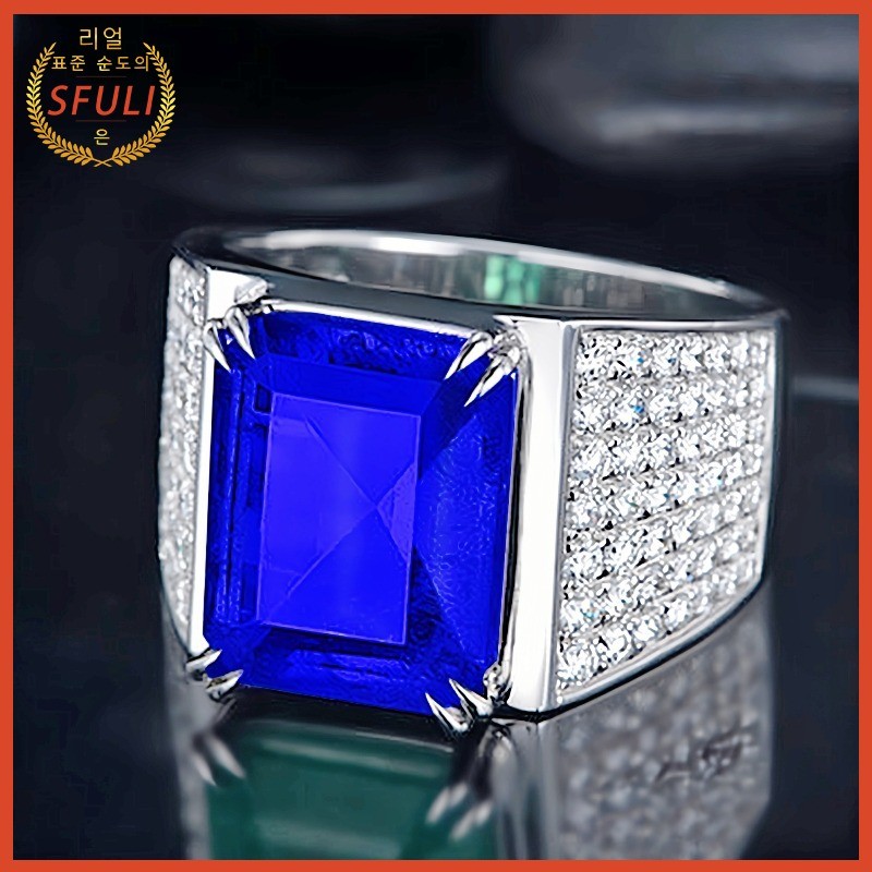 Cincin Batu Permata Biru Zircon Berlian Penuh Emas Putih 18K