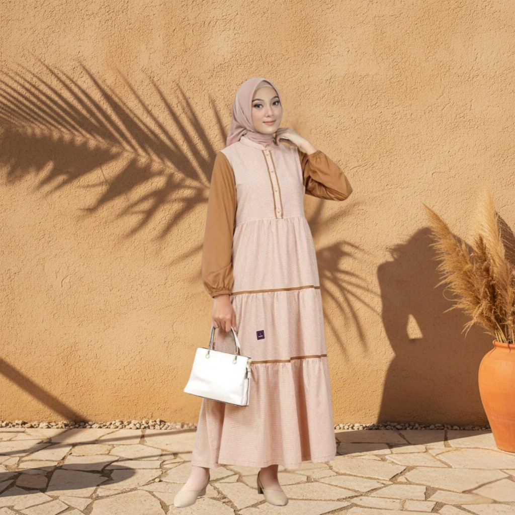 MUTIF Gamis Wanita Dewasa Razana Motif Mini Square Kotak Ruffle Bertingkat dan Busui Wudhu Friendly