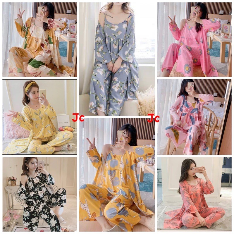 Set Kimono 3in1 PP Import / Baju tidur Kimono Set Kekinian / Set Kimono wanita terbaru Diskon