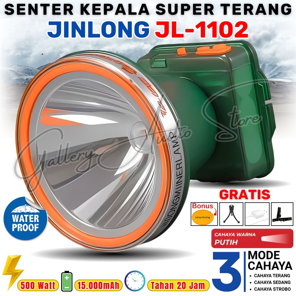 promo toko SUPER KEREN~Senter Kepala 500W JINLONG JL-1102 Bonus Lensa Kuning + Tripod Besi | Senter 