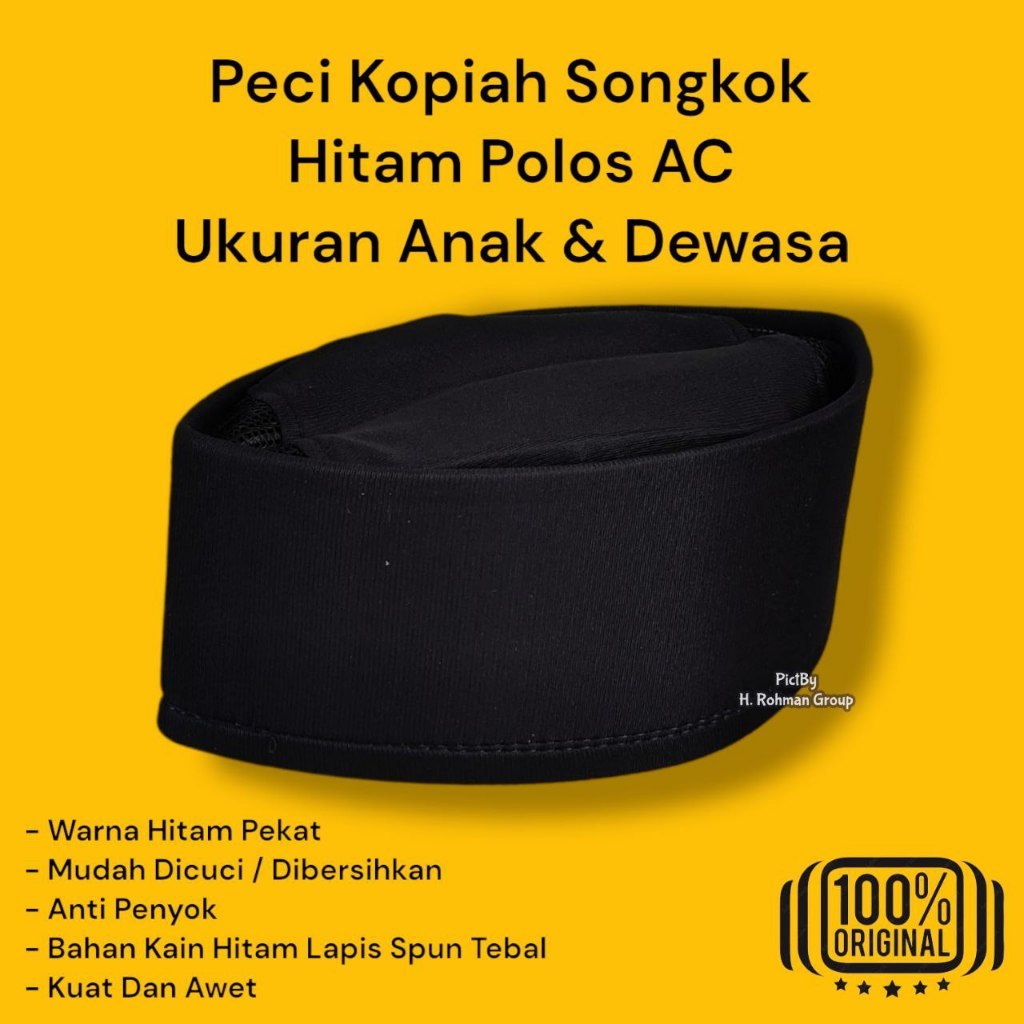 Peci Kopiah Hitam Polos Ac Bahan Kain Hitam Lapis Spon Tebal Halus