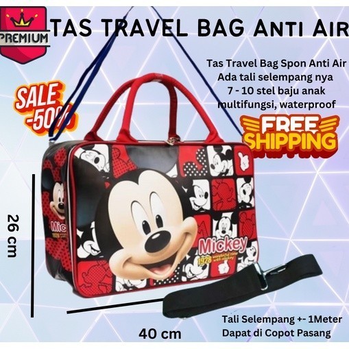 BIG SIZE Travel Bag Anti Air selempang + jinjing motif karakter BTS bt21 mickey mini doraemon heloki
