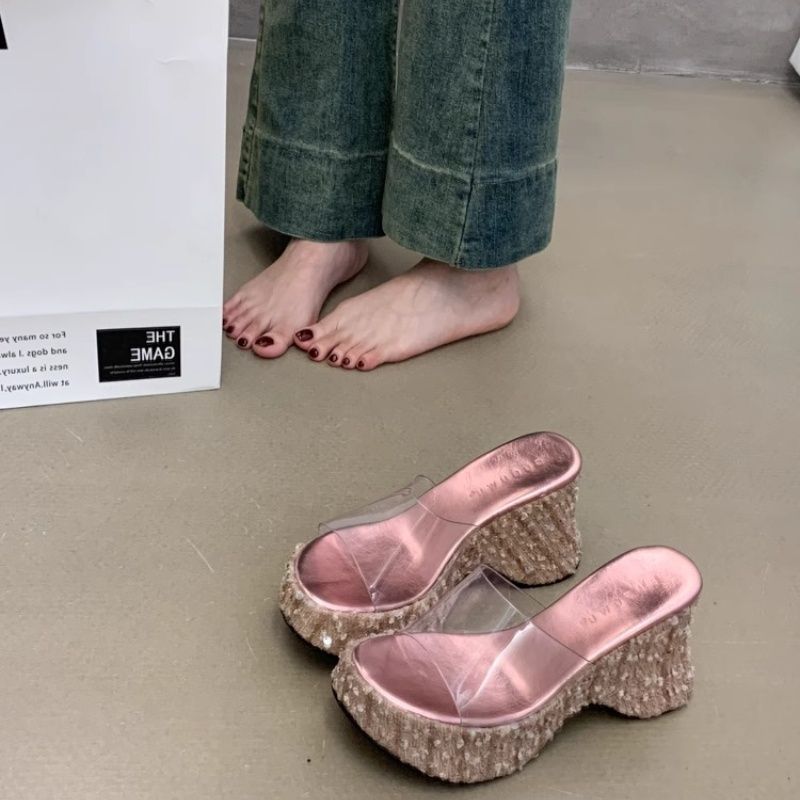 Sandal muffin, glitter, sepatu hak tinggi transparan, sepatu sandal tebal, sepatu hak tinggi, sepatu