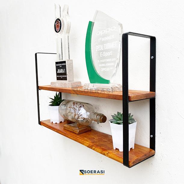 TORA rak dinding 2 ambalan kayu dan besi buku make up hiasan dekorasi - Cokelat, 30Cm