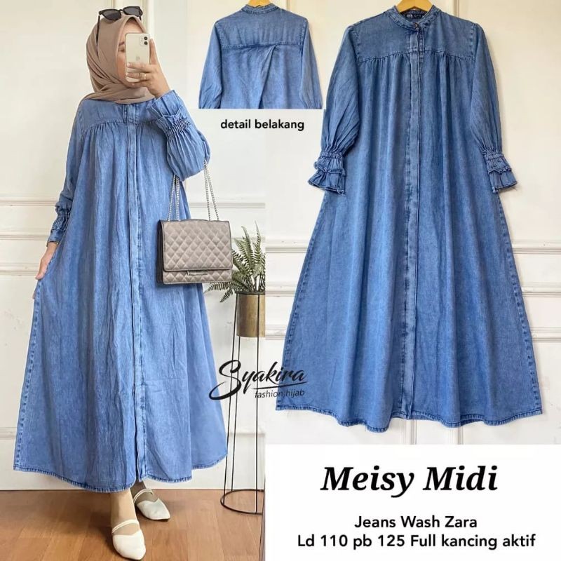 Gamis Jeans Jumbo Meisy Midi Dress Jeans Wash Premium/Midi Dress Denim Wanita Kekinian Busui
