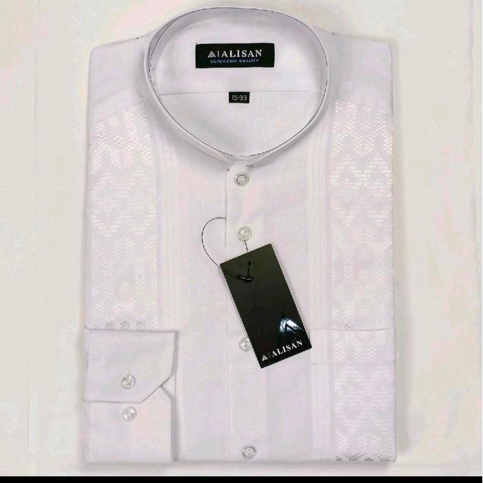 Kemeja Koko Alisan Pria Lengan Panjang Kerah Shanghai Bordir Putih - Putih, S
