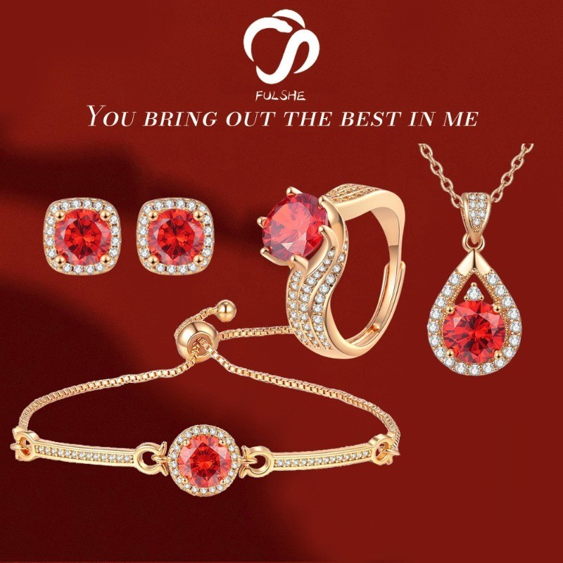 FULSHE Set Perhiasan Zircon Bulat Merah Delima Wanita Gaya Korea Cincin/Anting/Kalung/Gelang Asli