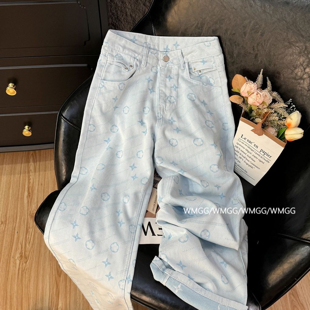 Celana jeans yang dicelup, dicetak longgar, angin malas, celana kaki lebar lurus.
