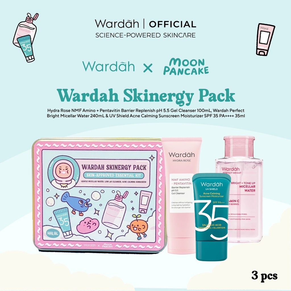 NEW! Wardah Starter Kit Moon Pancake Trio Basic Skincare Glow (UV Shield Sunscreen, Perfect Bright M