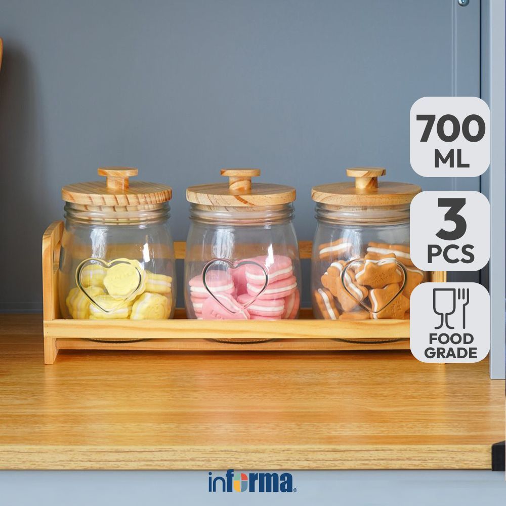 Informa 700 ml Set 3 Pcs Coco Stoples Kaca Dengan Nampan Jar Toples Kue Kering Perlengkapan Dapur Wa