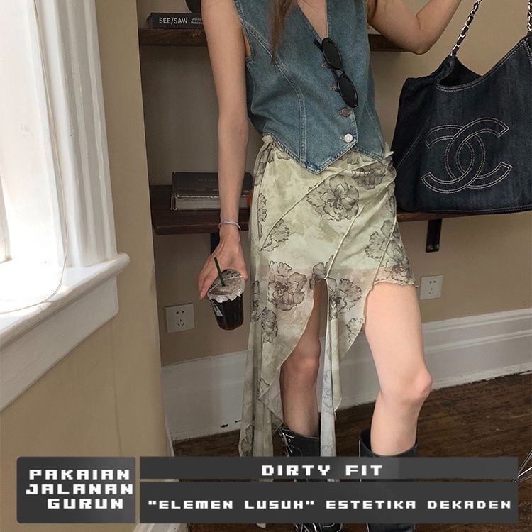 Desain ceruk rasa asimetris penyambungan rok berpohon dicetak rok kasa rok pinggang tinggi rok pingg