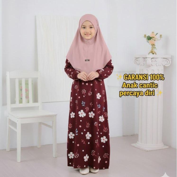 AQILA Gamis Anak Perempuan Rayon Premium Motif Bunga • BONUS Hijab Jersey Tanpa Pet