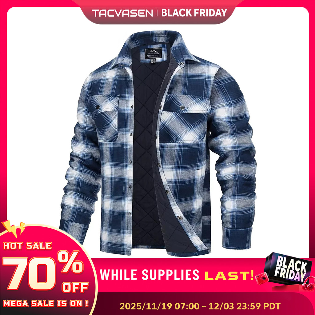 TACVASEN Winter Plaid Cotton Jackets Mens Long Sleeve Quilted Lined Flannel Shirt Jacket Multi-Pocke