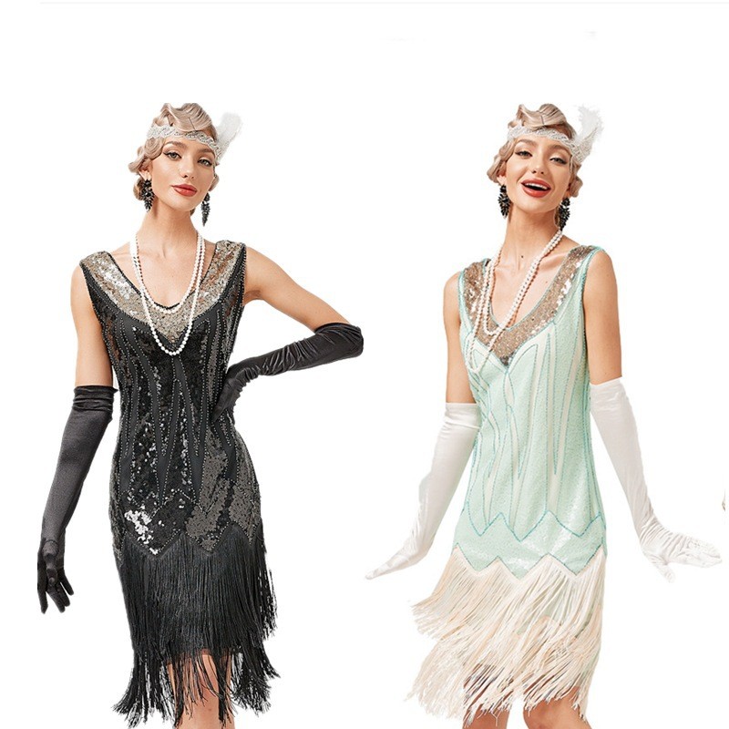 Premium Latin Dance Costume European and American Retro Style V Collar Tassel Dress Gatsby Costume L