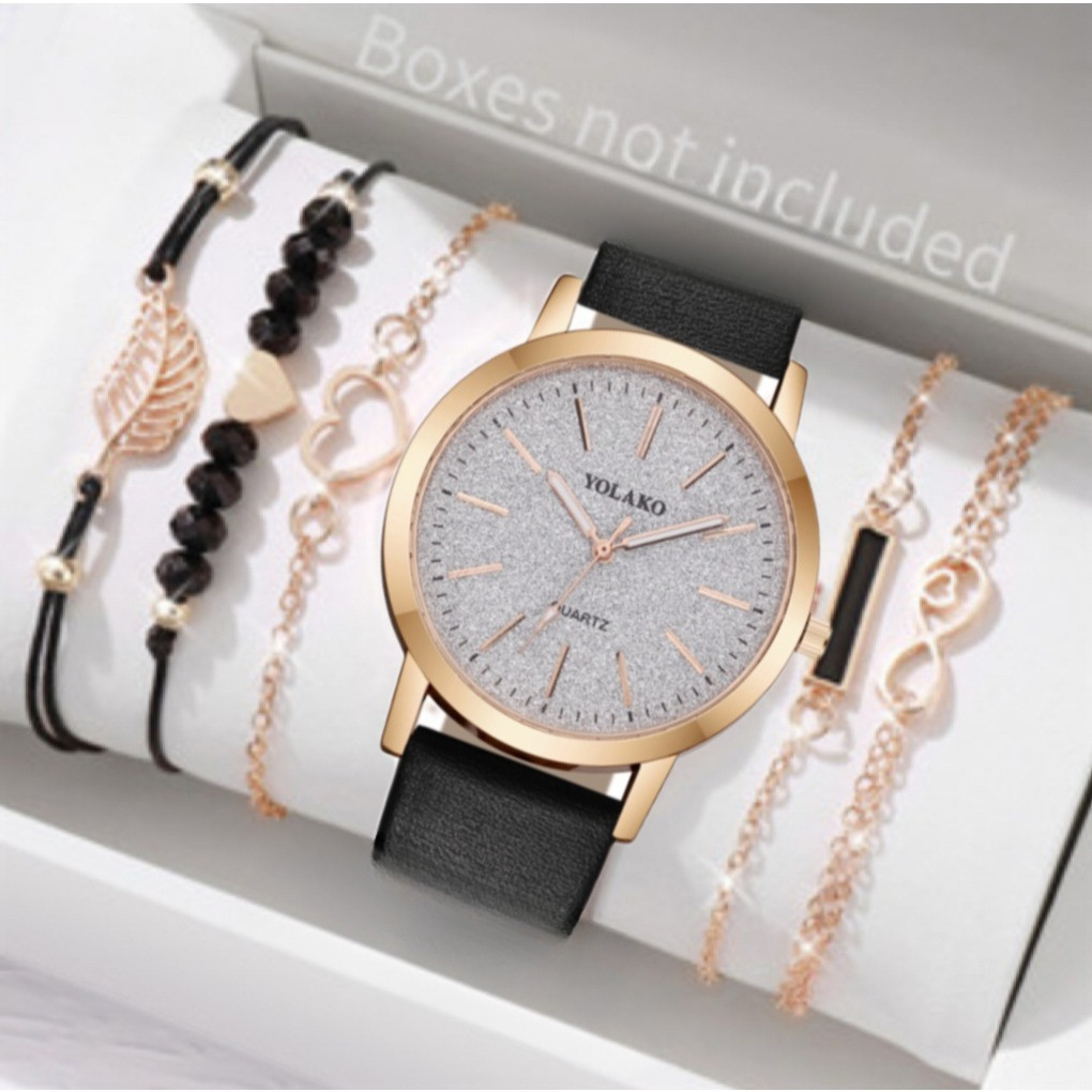 5PCS Jam Tangan Kuarsa Wanita Modis Mengkilap Dial Besar PU Tali Kulit Jam Tangan Set Gelang Gratis 