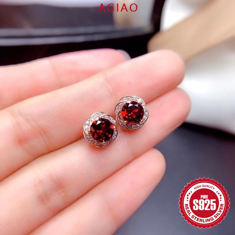 AGIAO Anting Stud Wanita Emas Mawar 18K Ruby Garnet