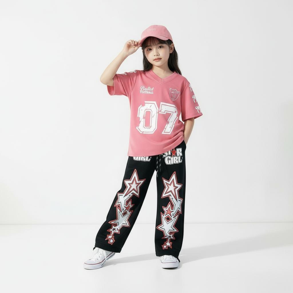 Setelan Anak Streetwear "Star Girl" Trendi Kaos Jersey V-neck Sporty + Celana Bintang Panjang Skenaa