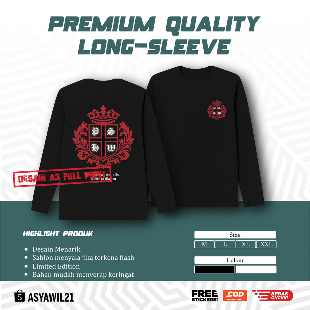 KAOS LENGAN PANJANG PSHW PERSATUAN SETIA HATI WINONGO MADIUN   T-SHIRT LONGSLEEVE PSHW - KAOS LENGAN