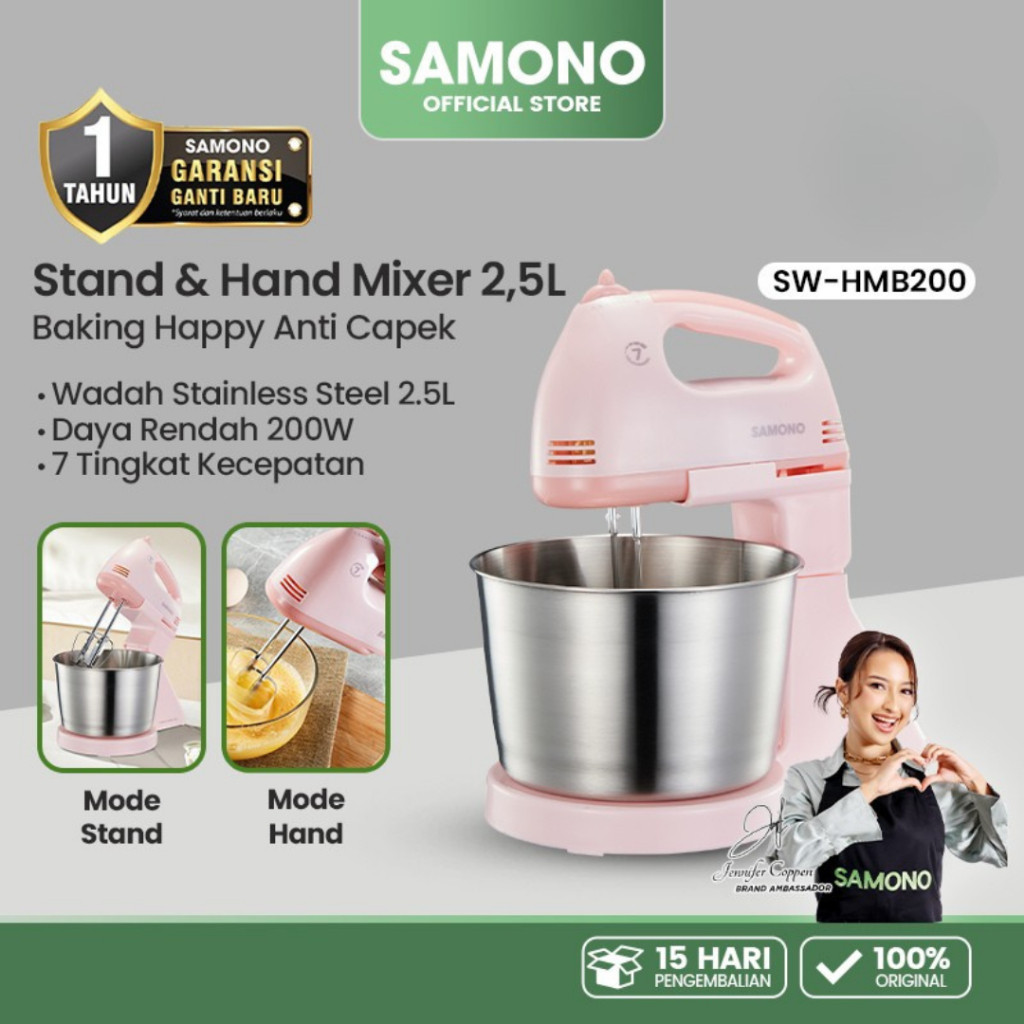 SAMONO Stand Hand Mixer 2 in 1 200W 7 Kecepatan Wadah Stainless 2.5L Pengocok Ganda SUS Mode Duduk B