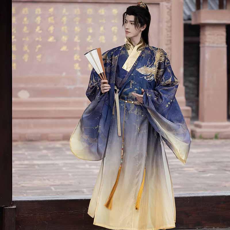 DECULERS STORE Luxury Chinese Hanfu Men Ancient Embroidered Dragons Hanfu Gradient Blue Male Cosplay
