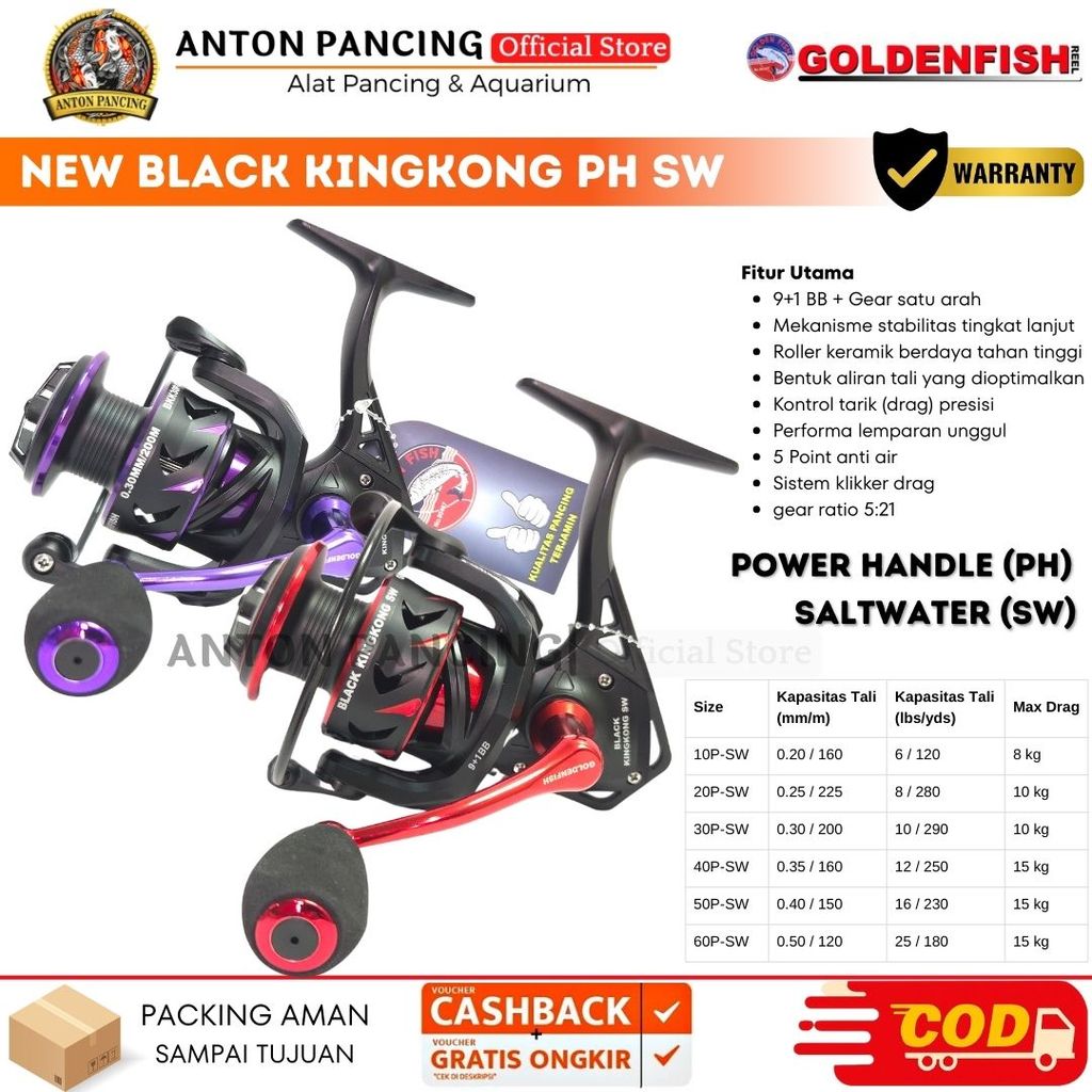 Reel Golden Fish Black Kingkong SW PH 2000 3000 4000 5000 6000 Anti Air Laut ,Power Handle