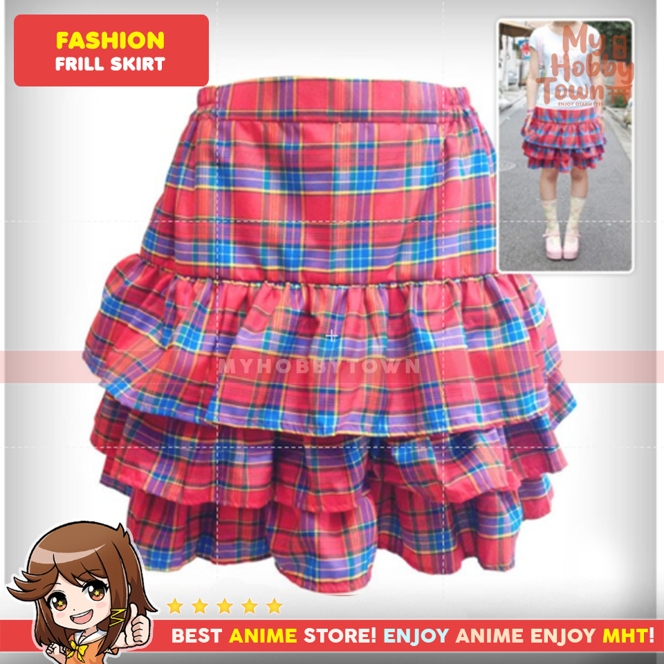 Rok Frill Kotak-Kotak Merah