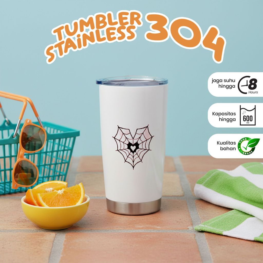 Tumbler Stainless Steel 304 dengan Desain Jaring Laba-laba Putih - Kapasitas 600ml, Menjaga Suhu Hin