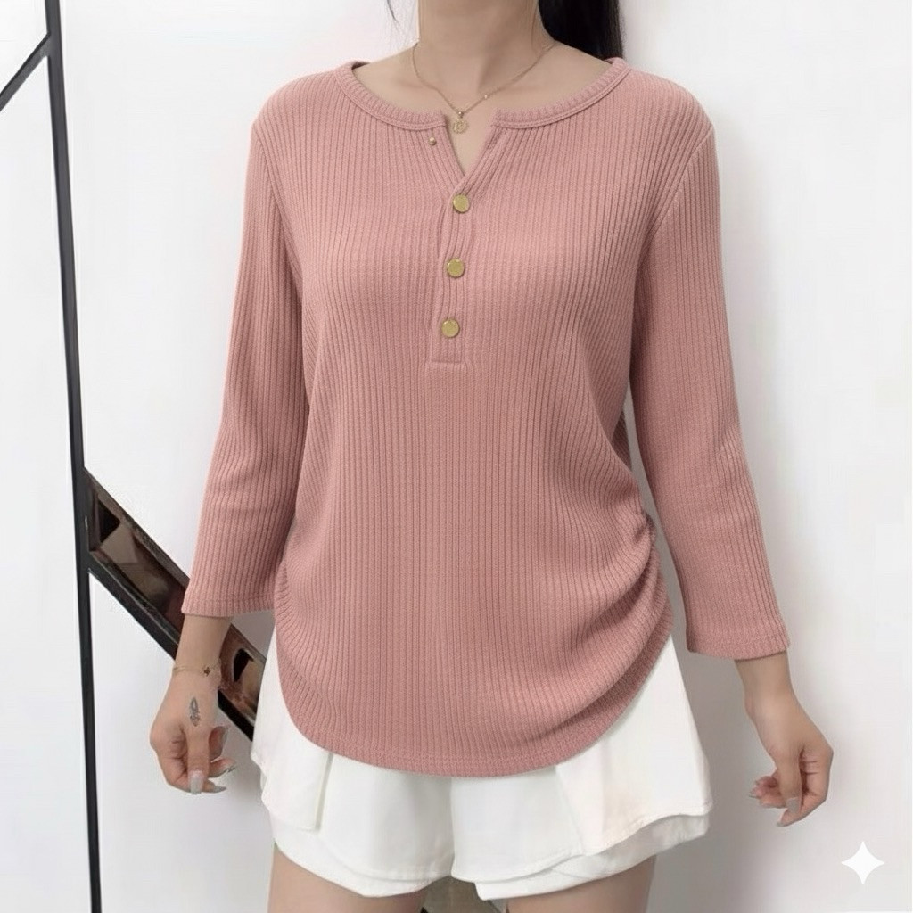 Blouse Knit Rib Lengan Panjang Kancing Depan – Casual Wanita / Kaos Knit Rib O-Neck Lengan Panjang K