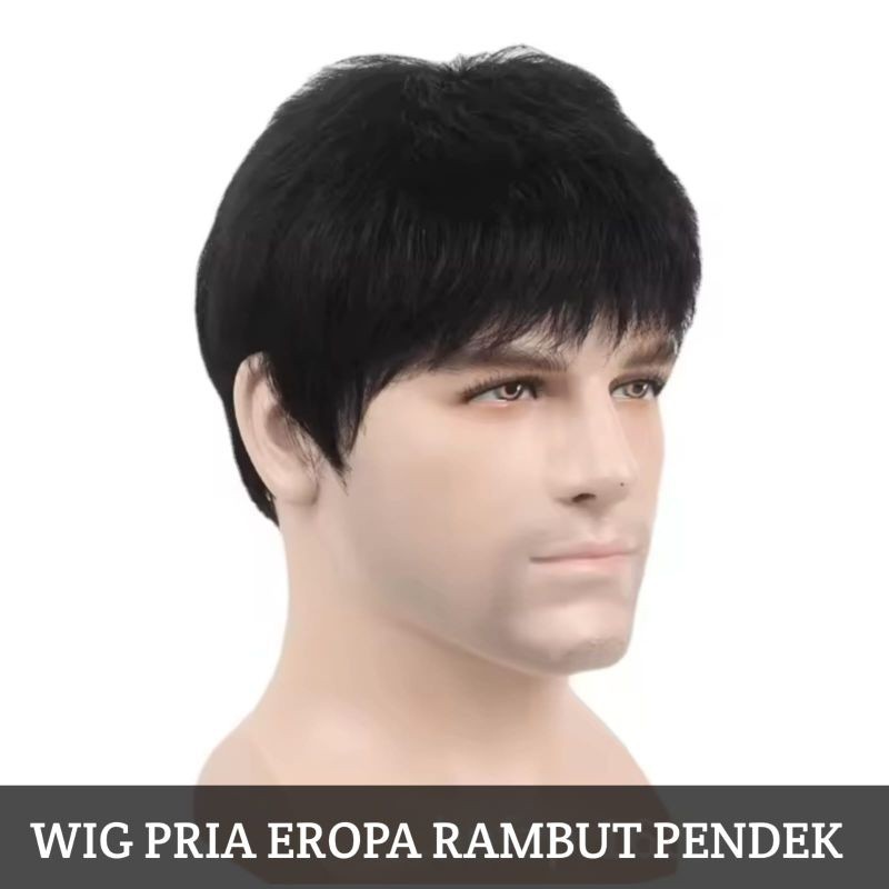 Wig Pria Eropa Rambut Pendek Warna Hitam Full Wig Rambut Palsu Pria Rambut Pendek Poni Pendek Wig Si