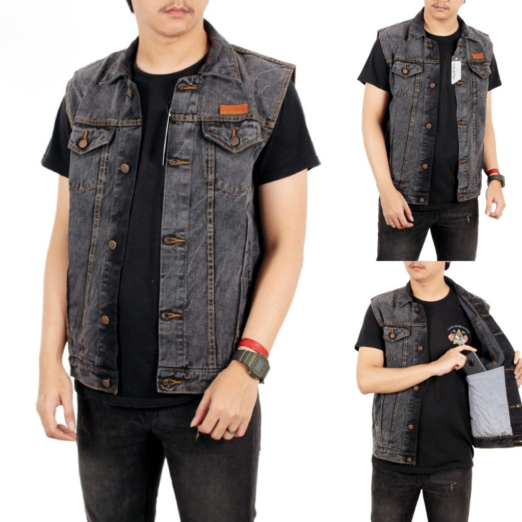 CUANGKEY - Rompi Jeans Pria Big Size Rompi Motor Klasik Denim Sandwash Gray Black Flower Country