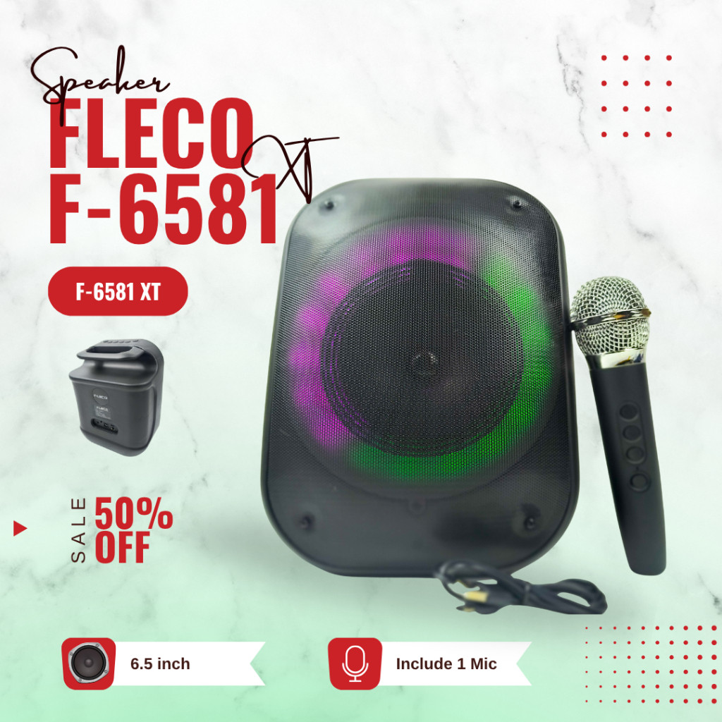 BARU Speaker Bluetooth Portable Fleco F-6581 XT 10Watt BT FM AUX 6.5 inch DC5V Battery 1800mAh Free 