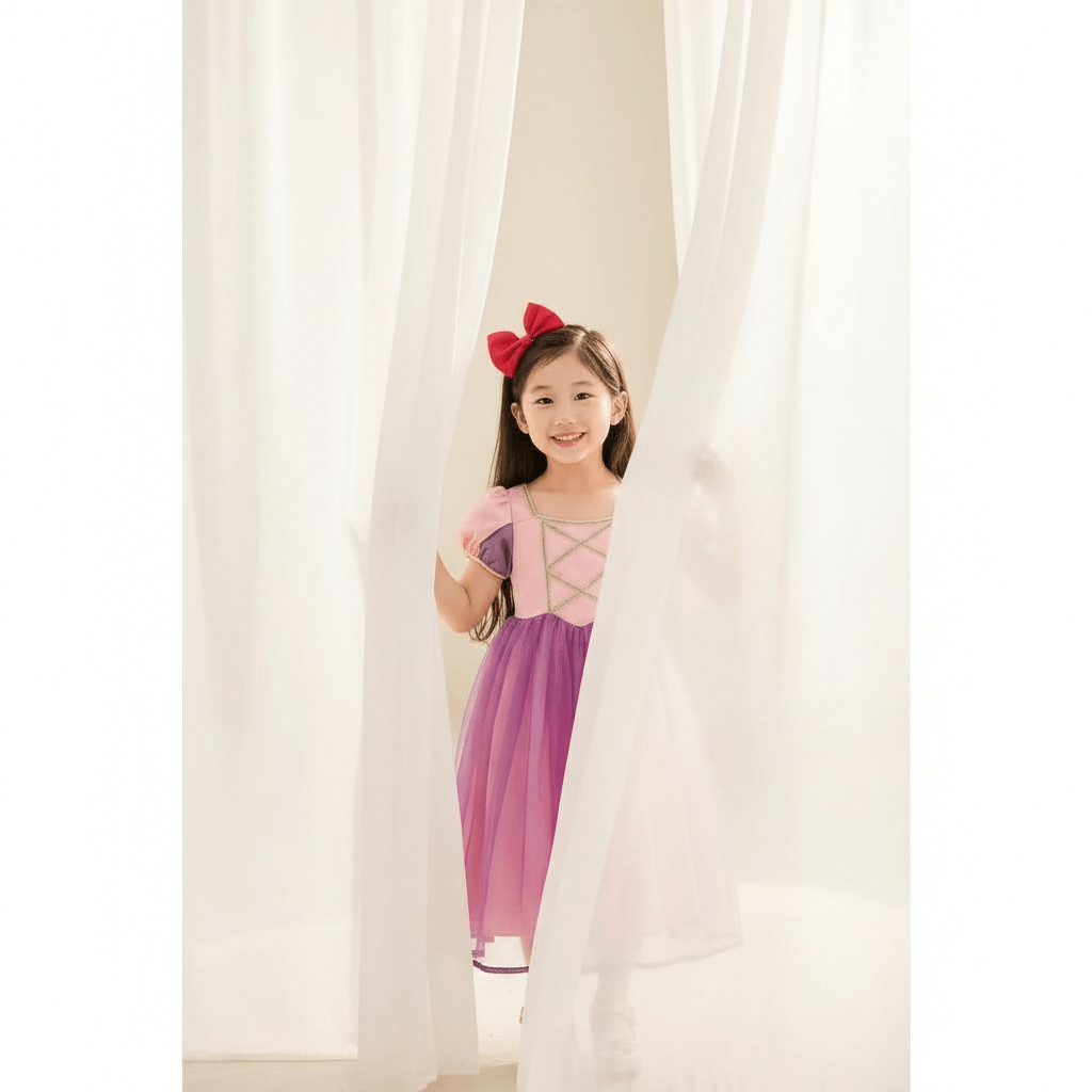 Baju Dress Princess Rapunzel Anak Lengan Pendek Warna Pink Ungu Dengan Rok Tulle Mengembang Untuk Ul