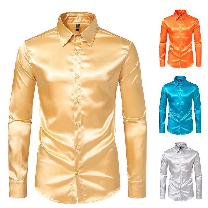 Men's satin nightclub style solid color shiny long-sleeve shirt