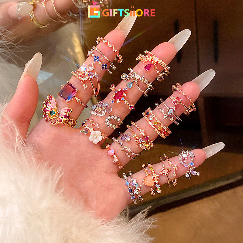 7Pcs/ Set Cincin Berlian Kupu-kupu Bunga Untuk Wanita Cincin Titanium Kristal Festival Pernikahan Vi