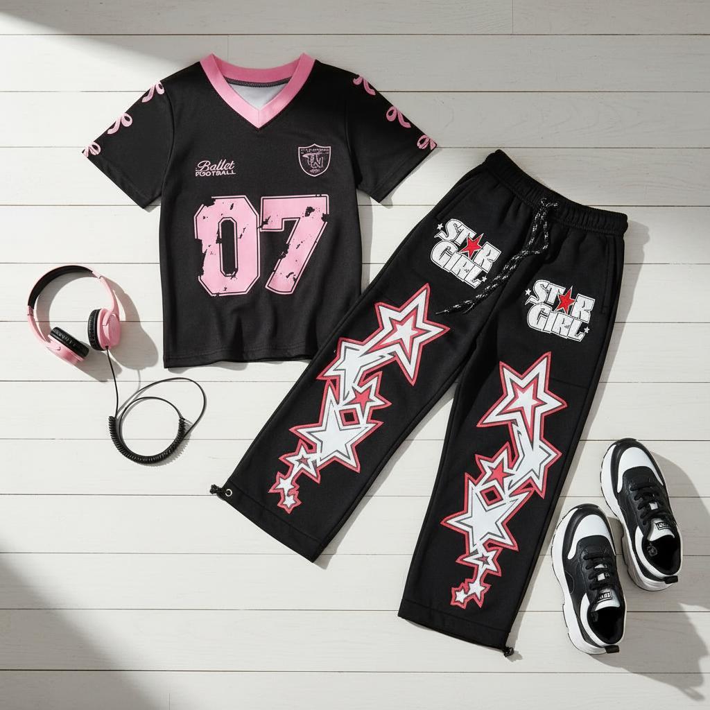 Setelan Anak Streetwear "Star Girl" Trendi Kaos Jersey V-neck Sporty Hitam + Celana Bintang Panjang 