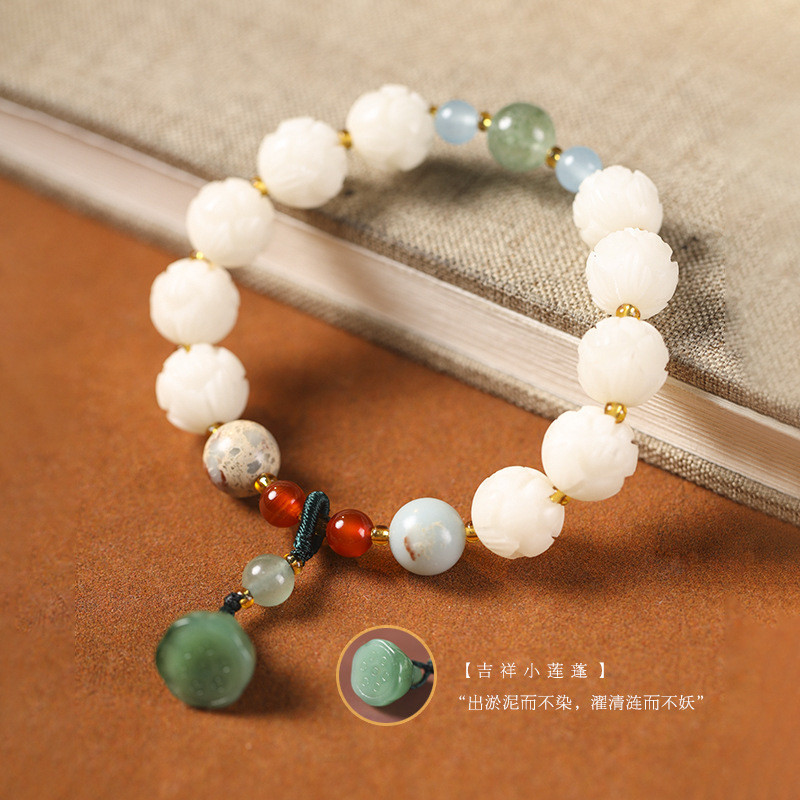 Gelang pastoral Mori baru wanita imitasi giok putih Bodhi lotus