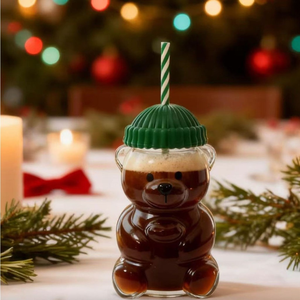 New 500ml Glass Bear Cup Star Bear Straw Cup Creative Honey Bear Straw Transparent Milk Coffee Glass