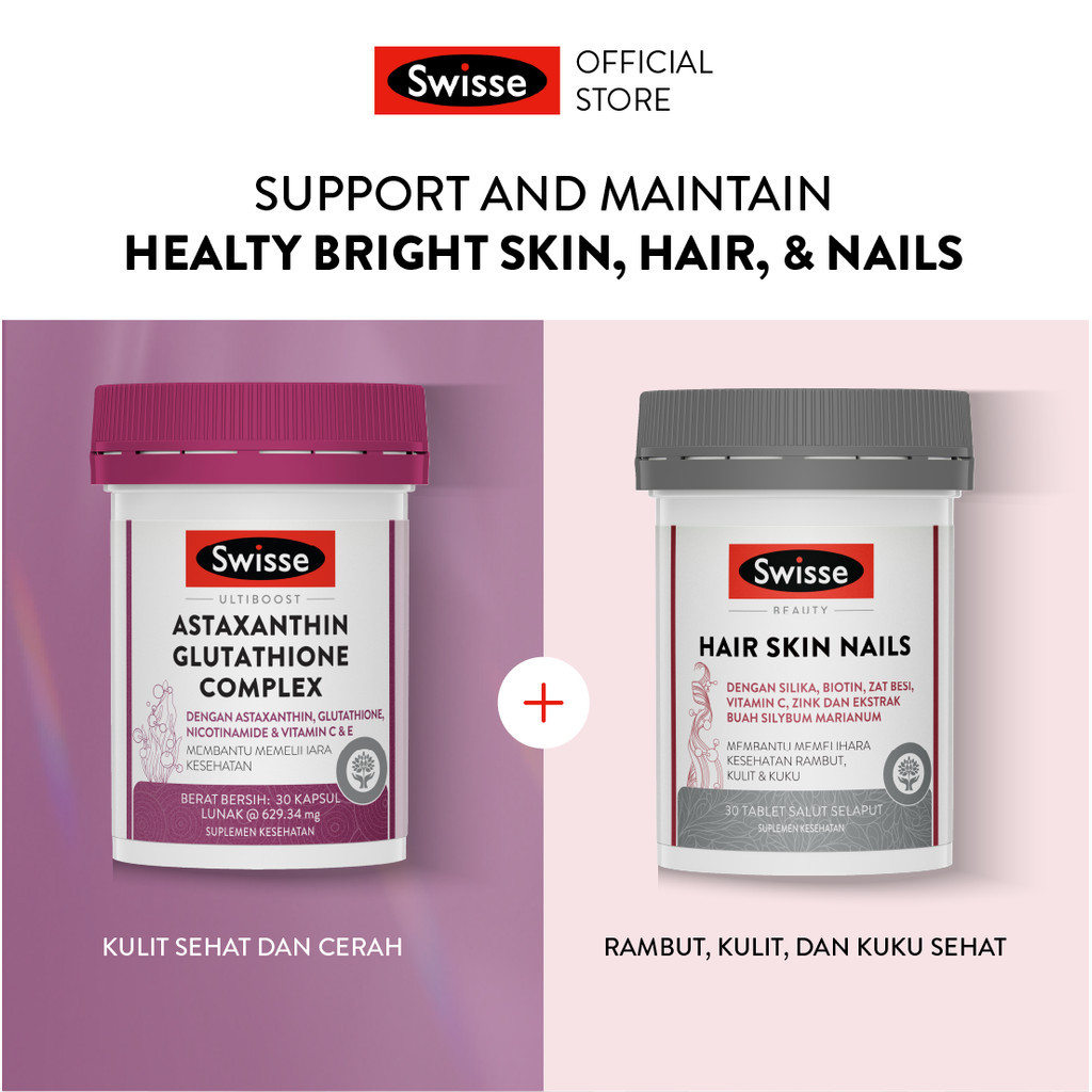 Bundling Swisse Ultiboost Astaxanthin Glutathione Complex 30s + Swisse Beauty Hair Skin Nails 30s
