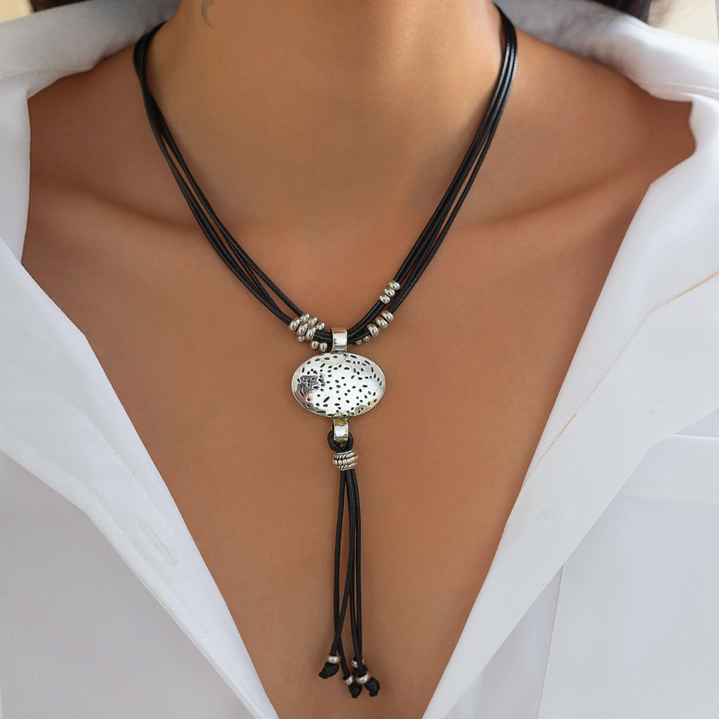 Lacteo Retro Leather Wax Necklace Women Round Silver Color Pent Long Tassel Ethnic StyleThread ain N