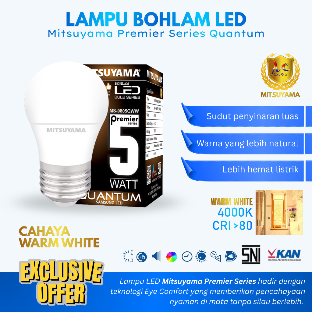 Lampu Bohlam LED 5 Watt Cahaya Kuning MItsuyama Quantum Lampu LED 5W Lampu Rumah Warna Kuning