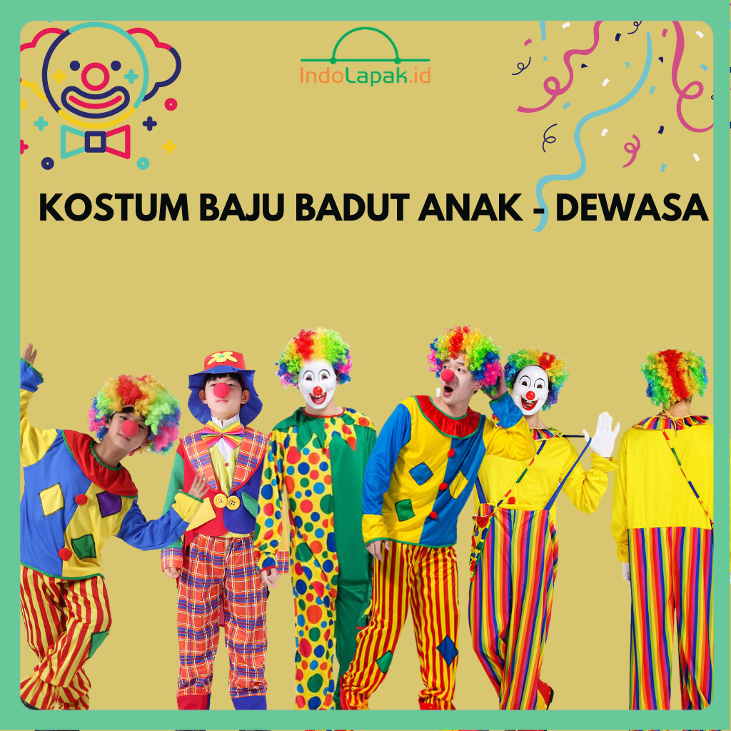 INDOLAPAK (K04) Perlengkapan Badut Kostum Baju Set Hidung Sepatu dan Rambut Badut Acara Cosplay Ulan