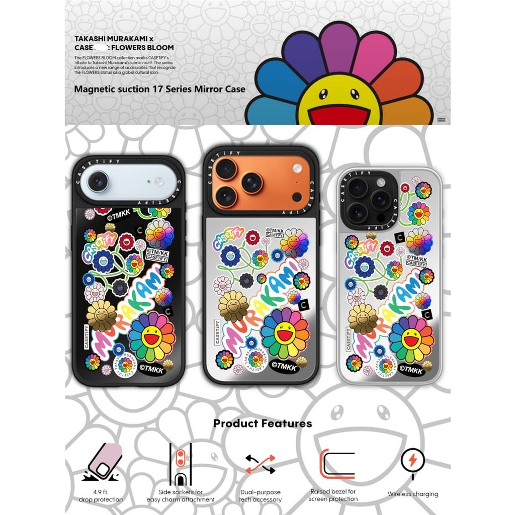 TAKASHI MURAKAMI x CASECASE: FLOWERS BLOOM FLOWERS STICKER MANIA Black&Sliver Mirror Magnetic suctio