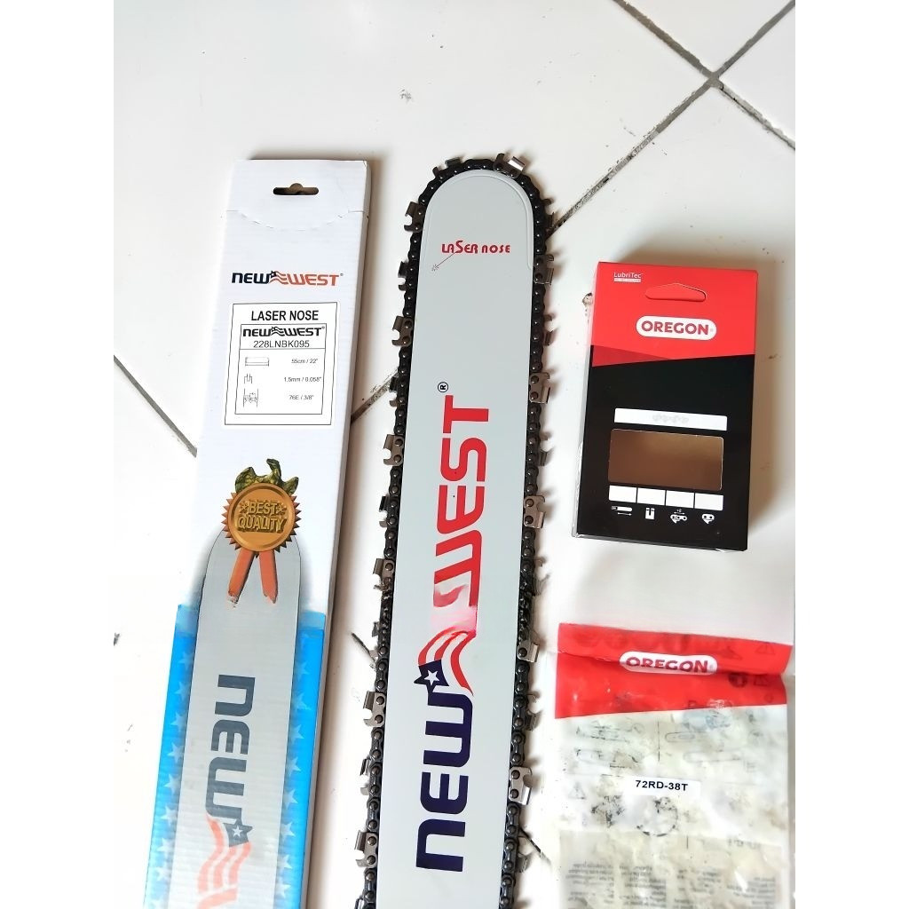 1 PAKET BAR 22 INCH NEW WEST + RANTAI CHAINSAW 72X38T BELAH OREGON COMBO HEMAT SENSO 22" ORI BEST SE